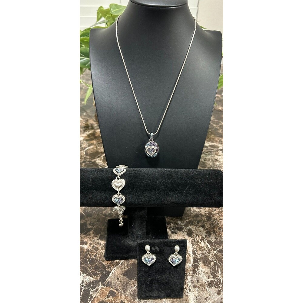 Vintage Brighton Jewelry Surrender Purple & Blue Crystals Heart Necklace Set